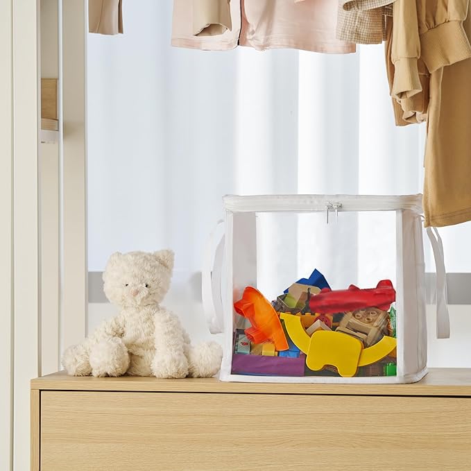 holay 2 Pack Foldable PVC Storage Bins with Transparent Lid & Handles, Large 12-Inch Cube Organizer Boxes for Clothes, Toys & Books (White, Large)
