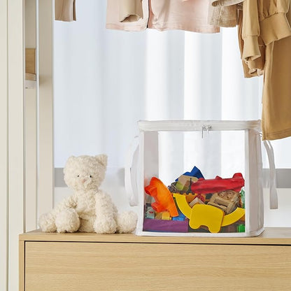holay 2 Pack Foldable PVC Storage Bins with Transparent Lid & Handles, Large 12-Inch Cube Organizer Boxes for Clothes, Toys & Books (White, Large)
