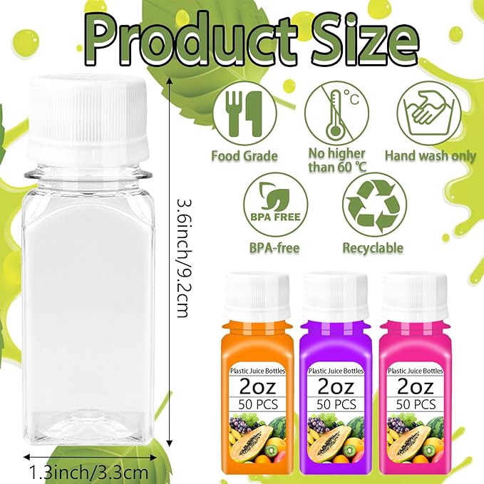 Qiuttnqn 50PCS 2oz Small Plastic Shot Bottles with White Caps,Reusable Clear Juice Containers with 10 Funnels,Empty Plastic Containers for Ginger Shots,Liquids,Beverages