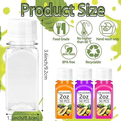 Qiuttnqn 50PCS 2oz Small Plastic Shot Bottles with White Caps,Reusable Clear Juice Containers with 10 Funnels,Empty Plastic Containers for Ginger Shots,Liquids,Beverages