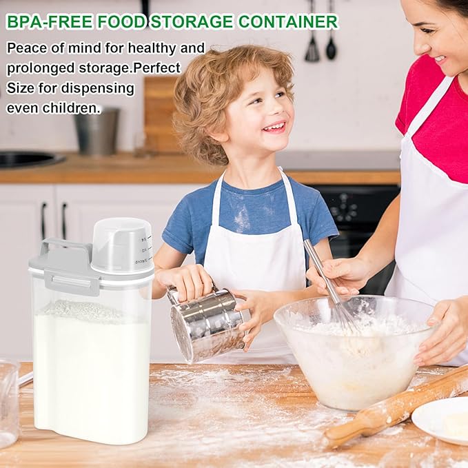 TBMax Rice Storage container 4 Lbs, Small Rice Dispenser with Measuring Cup, Grey Cereal Containers Flour Bin, Kitchen Food Storage Container and Pantry Organizers, Pet Dog Cat Food Dispenser