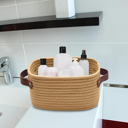 ABenkle Small Storage Basket, Mini Baskets with Handle, Cute Cotton Woven Baskets for Shelves, Boho Decorative Toy Storage Bin for Nursery, Spa, Empty Gift Basket - XS, Brown