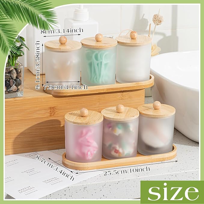 Chengu 6 Pack Cotton Swab Holder with Bamboo Lids and Trays and Labels Glass Round Swab Dispenser Cotton Ball Holder Glass Apothecary Jars Floss Pick Containers Bathroom Organizers (White)