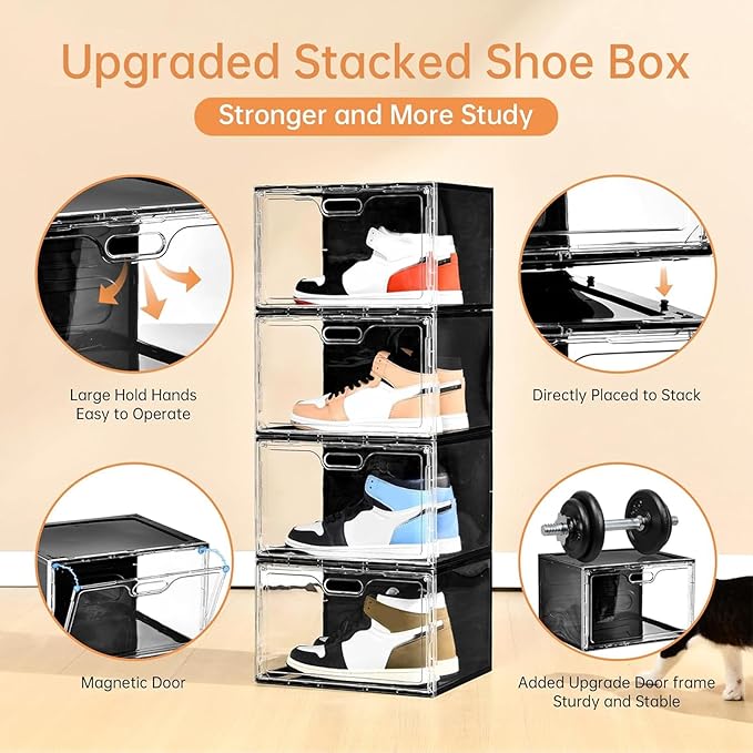 Amllas New 8 Pack Shoe Boxes Stackable, Large Shoe Storage Organizer with Lids,Drop Side Shoe Containers for Entryway,Sneaker Storage Fit up to US Size 13 for Men/Women(13’’x 10.6”x 8.3”)