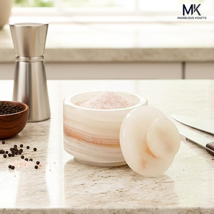 MARBLOUS KRAFTS Marble Salt Cellar 3" Inch White Onyx Salt Holder With Lid for Spice Jar & Stone Salt Container, Modern Sugar Bowl