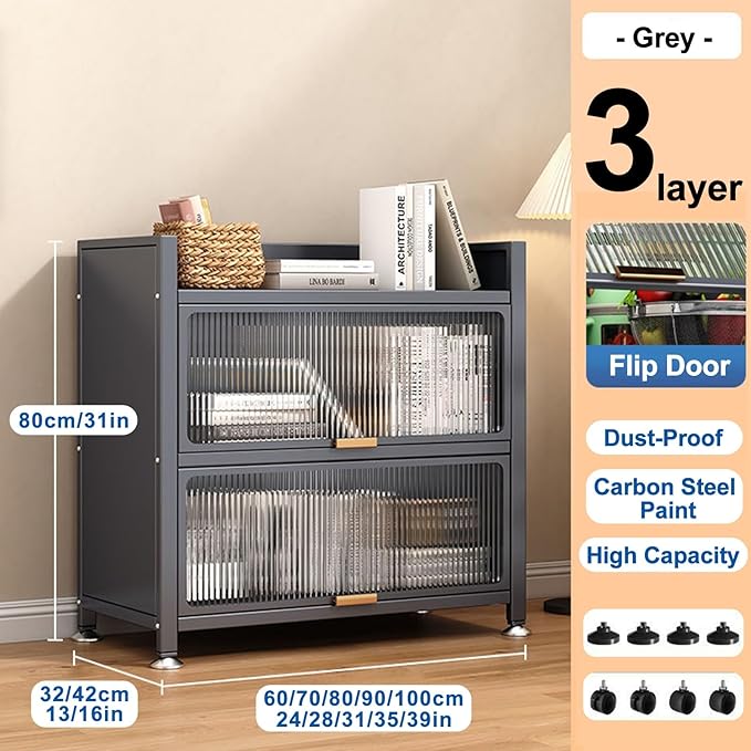 3-Tier Bread Rack & Coffee Station - Gray, 70cm | Microwave Storage Organizer with Transparent Flip Door for Kitchen, Pantry, Office, Garage - Versatile Home Storage Solution
