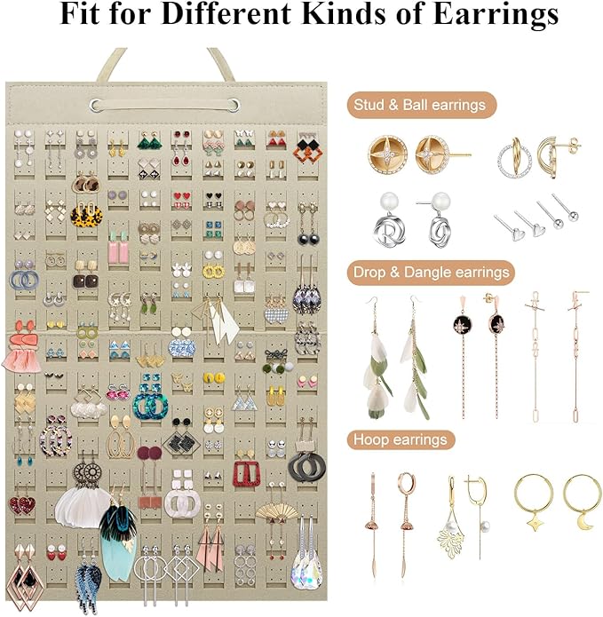Earrings Organizer, Hanging Earring Holder Holds Up to 300 Pairs, Stud Earring Organizer Large Capacity Storage Earring Hanger, Earring Display Holder Brooch Pin Organizer for Women Girls-Beige