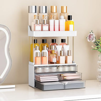 caktraie Bathroom Organizers and Storage - 3 Drawers 2 Tier Makeup Organizer, Cosmetic Storage Drawer for Dresser Countertop and Bathroom Vanity for Large Skincare, Perfume, Grey