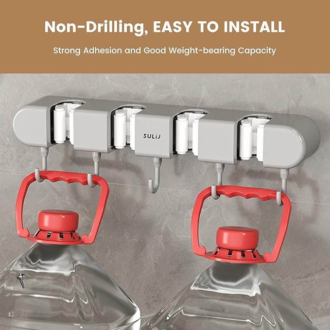 2Pcs Broom Holder Wall Mount, No-Drilling Self-Adhesive Mop and Broom Storage Rack with Hooks (4 Racks with 5 Hooks), Wall-Mounted Broom Hanger for Bathroom, Kitchen, Closet, Garage (Grey)