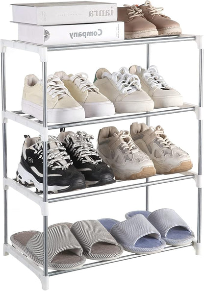 Small Shoe Rack, Narrow Stackable Shoe Shelf Organizer for Entryway, Doorway and Bedroom Closet (4-Tier, White)
