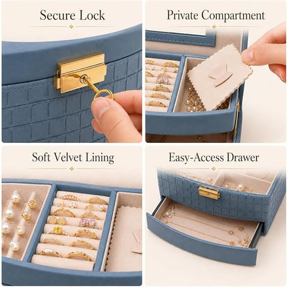 Elegant 3 Layer Lockable Jewelry Box for Women – Mirrored Jewelry Organizer with Key & Drawer, Travel Friendly PU Leather Storage Case,Gift for Wife, Mom, Daughter(Blue)