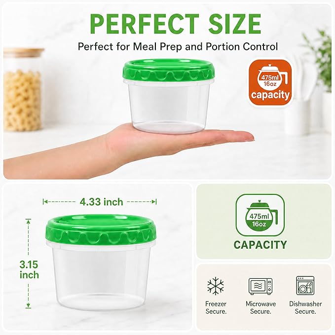 EONJOE 16 oz Plastic Freezer Containers with Lids 2 Cup Food Storage Container BPA Free Stackable Airtight Dishwasher Safe,12 Pack