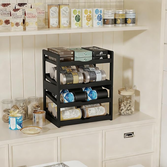 BAMBANG Can Organizer for Pantry, Detachable Bamboo 4 Tier Stackable Can Storage Rack, Rolling Soda Can Dispenser Can Holders for Cabinet, Holds Up to 48 Cans, Black