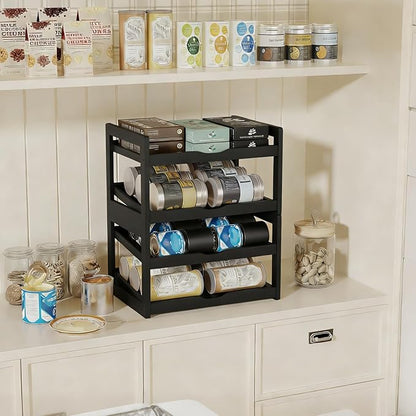 BAMBANG Can Organizer for Pantry, Detachable Bamboo 4 Tier Stackable Can Storage Rack, Rolling Soda Can Dispenser Can Holders for Cabinet, Holds Up to 48 Cans, Black