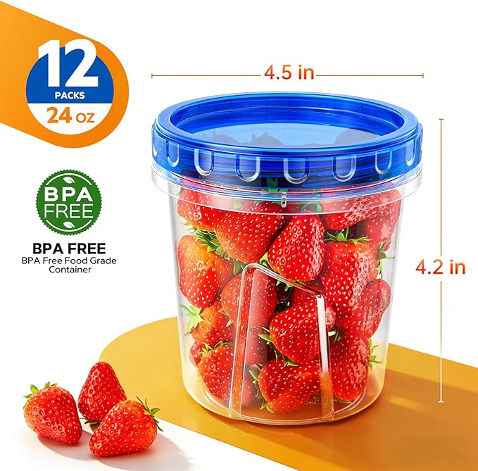 Freezer Storage Containers, [12 Pack-24 Oz] Airtight Plastic Food Storage Containers with Twist Top Lids, Soup, Meal Prep Containers | BPA Free | Stackable | Leakproof | Microwave/Dishwasher Safe