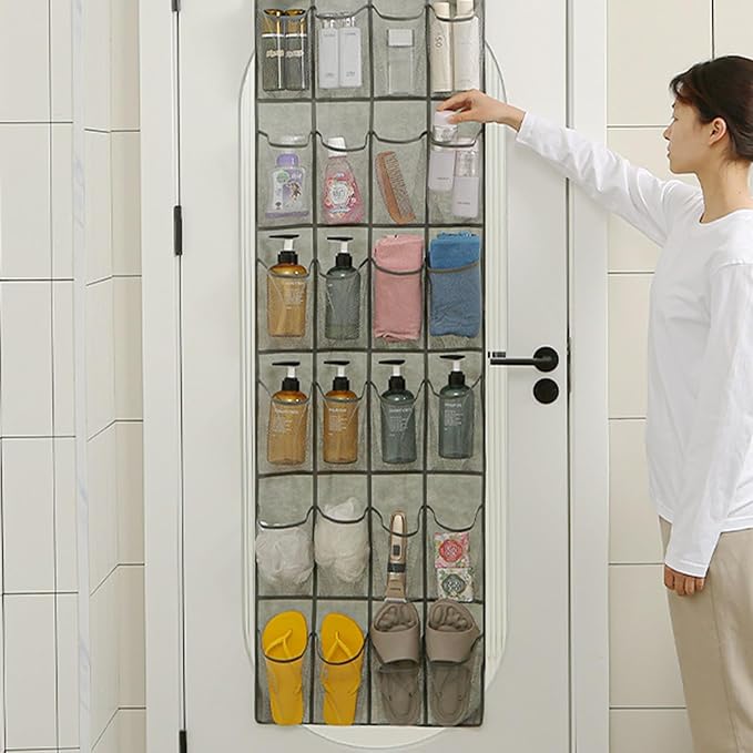 Storage Bag 24/28 Grid Shoes Organizer Over the Door Hanging Shoe Rack Wall-mounted Storage Holder for Bedroom Closets Door Hanger, 48x163cm, Grey