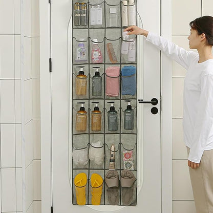 Storage Bag 24/28 Grid Shoes Organizer Over the Door Hanging Shoe Rack Wall-mounted Storage Holder for Bedroom Closets Door Hanger, 48x163cm, Grey