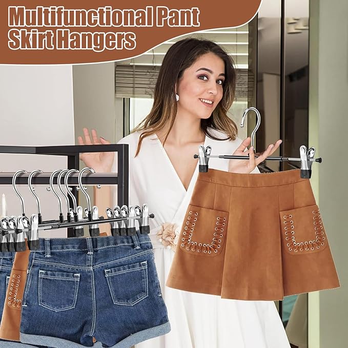 Jeffbaubl 20 Pack Pants Hangers, Skirt Hangers with Clips, Heavy Duty Adjustable Clips Hanger, Rubber Cover Metal Trouser Clip Hanger, Ultra Thin Space Saving for Skirt Jeans Adult