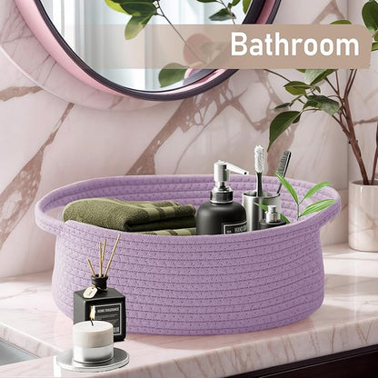 JMvicyroam Woven Basket,Small Rope Storage Bin with Handles & Ribbon Bag, Organizer for Shelves Closets,Gift Basket Empty for Birthday,Books,Dog Toys, Purple/3 Pack