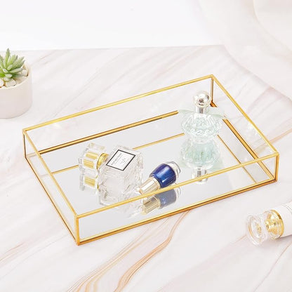 Gold Mirror Decorative Tray Jewelry Perfume Organizer Vanity Tray, Dresser Tray, Bathroom Bedroom Cosmetics Storage, Metal and Glass, Rectangular, 11.8"x7.9"x2"