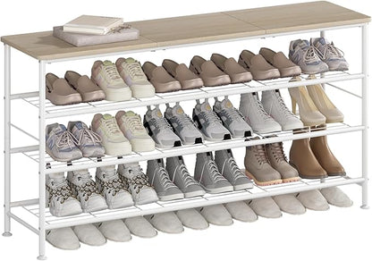 SUOERNUO Shoe Rack Organizer 4 Tier for Closet Entryway Free Standing Metal Storage Shoe Shelf with MDF Top Board (White+Oak, Large 4 Tier)