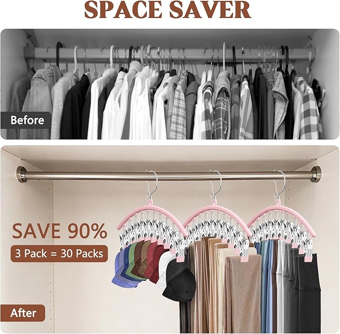 3 Pack Hat Hangers for Closet Display, Metal Hat Organizer for Baseball Caps with 30 Clips, Hats Rack Holder for Closet, Hats Storage for Baseball Caps Beanie Accessories Men Women, Pink
