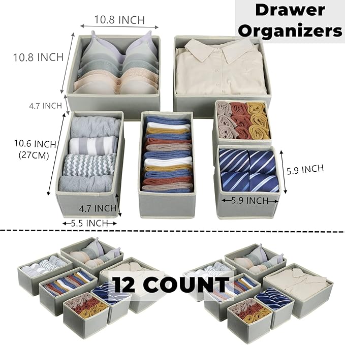 Fordonral 12 Pack Drawer Organizer Clothes, Foldable Fabric Dresser Organizer Closet Organizers and Storage Box for Underwear,Folded Clothes,Baby Clothing,Socks,Bra,Towels,Ties(12 Pack,Gray)