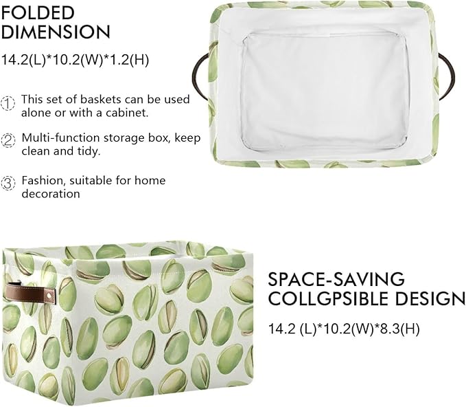 Large Storage Basket Pistachios Watercolor Green Storage Bin Cube Canvas Fabric Organizer Handles Collapsible for Clothes Toys Bedroom Decorative