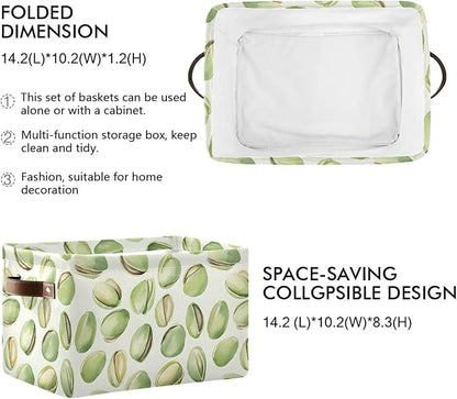 Large Storage Basket Pistachios Watercolor Green Storage Bin Cube Canvas Fabric Organizer Handles Collapsible for Clothes Toys Bedroom Decorative