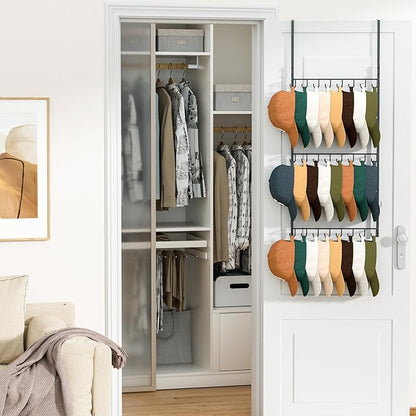 HapiRm Over Door Hat Rack - 3 Tier Wall Mounted Hat Organizer with 24 Hooks, Baseball Cap Organizer Storage Holds up to 24 Caps for Door, Bedroom, Closet