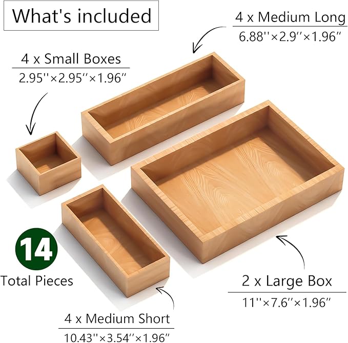 Bamboo Drawer Organizer 14 Pcs for Kitchen Multi-purpose Storage Dividers for Kitchen, Office, Jewelry, Cosmetics, Wooden Drawer Dividers for Drawer Organizer Desk Organizer Gift for Women Gifts Idea