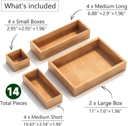 Bamboo Drawer Organizer 14 Pcs for Kitchen Multi-purpose Storage Dividers for Kitchen, Office, Jewelry, Cosmetics, Wooden Drawer Dividers for Drawer Organizer Desk Organizer Gift for Women Gifts Idea