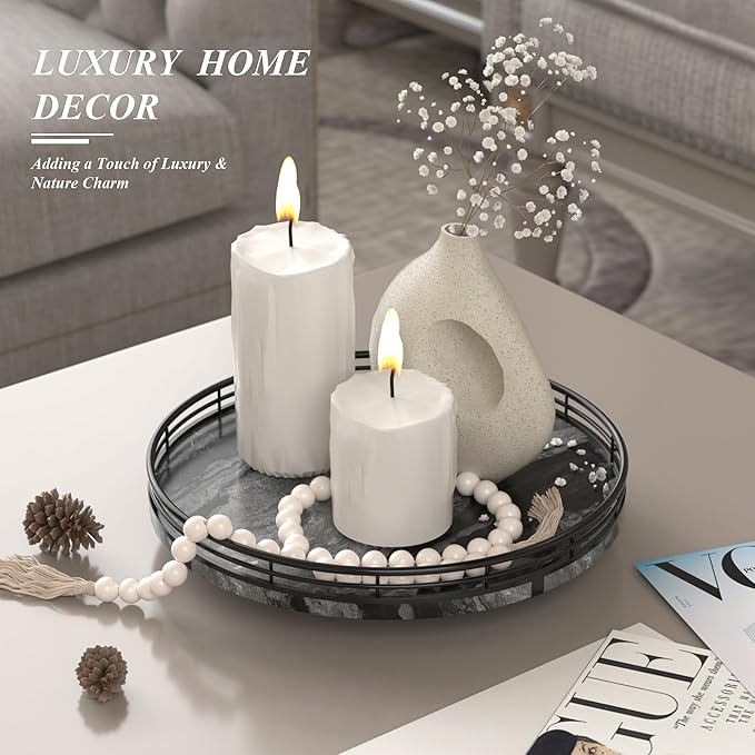 Marble Lazy Susan Turntable for Table Top – 10” Round Ancient Wood Grain Marble Tray Organizer for Dining Table, Kitchen Countertop & Bar, Luxury Stone Serving Tray with Black Iron Frame
