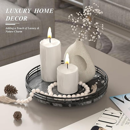 Marble Lazy Susan Turntable for Table Top – 10” Round Ancient Wood Grain Marble Tray Organizer for Dining Table, Kitchen Countertop & Bar, Luxury Stone Serving Tray with Black Iron Frame