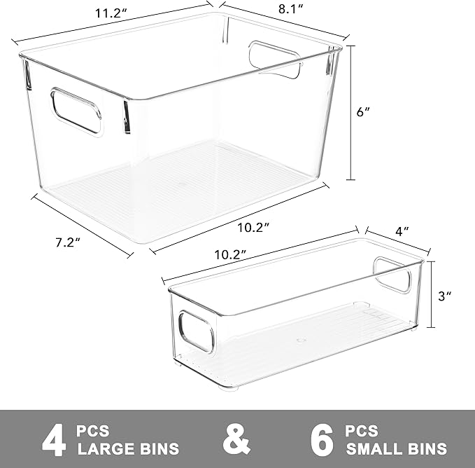 Tiawudi Set of 10 Clear Plastic Storage Bins, 4 Large and 6 Small Stackable Storage Containers for Pantry Organization, Organizer Bins for Home, Kitchen, Bathroom, Office, Cabinet Shelf Organizers