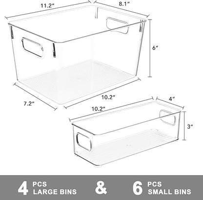 Tiawudi Set of 10 Clear Plastic Storage Bins, 4 Large and 6 Small Stackable Storage Containers for Pantry Organization, Organizer Bins for Home, Kitchen, Bathroom, Office, Cabinet Shelf Organizers