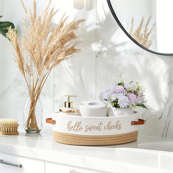 Hello Sweet Cheeks Bathroom Decoration Brown and White Cotton Rope Toilet Basket Toilet Paper Holder Basket Rustic Bathroom Organizer Farmhouse Home Decoration Organizing Small Baskets