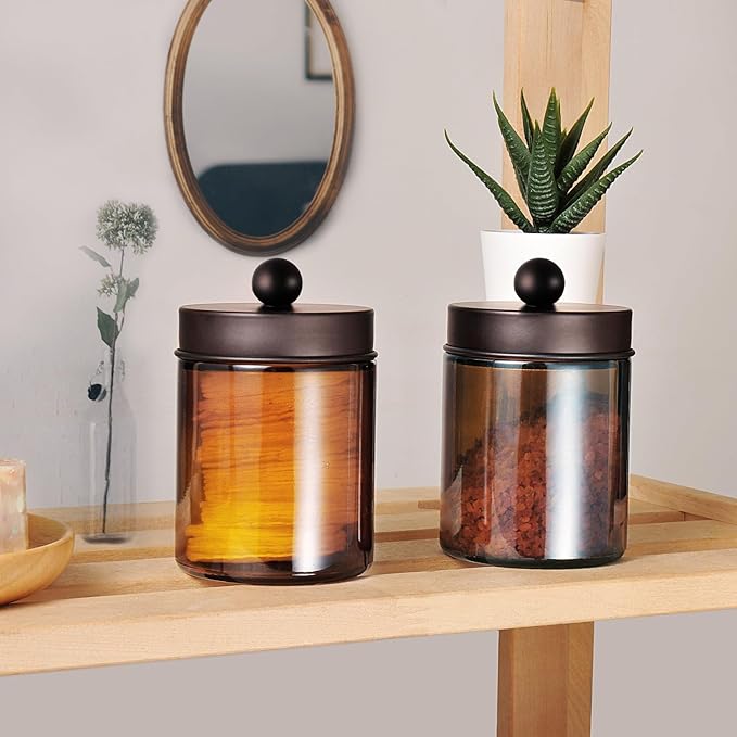 Amolliar Amber Glass Qtip Holder, Apothecary Jars with Bronze Metal Lid & Stickers-Bathroom Qtip Dispenser Storage Organizer Set,Vanity Counter Canister for Cotton Swabs,Round Floss(2 Pack)