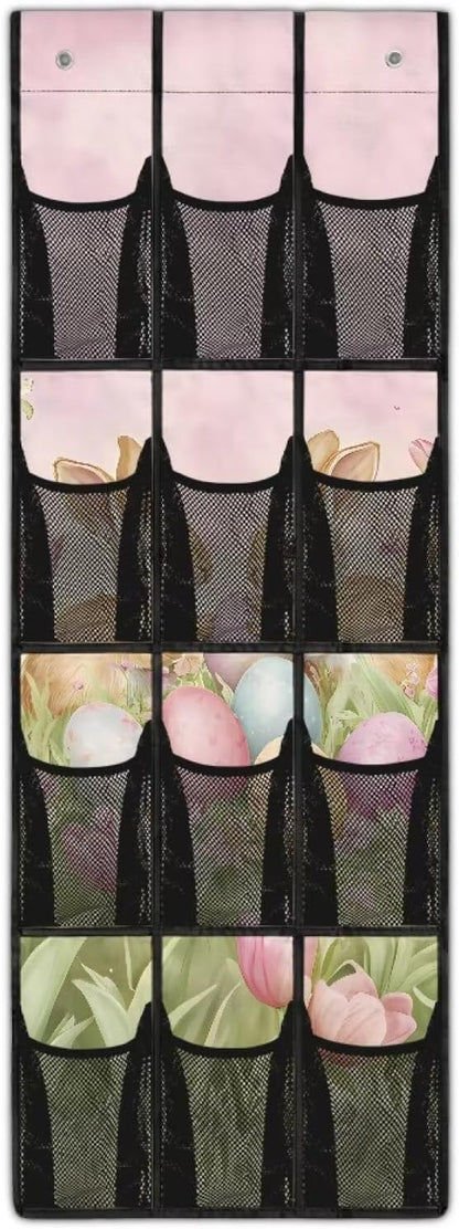 Door Hanging Organizer, Spring Tulip Bunny Over the Door Shoe Rack 12-Pocket Heavy Duty Space Saving Door Hanging Storage Bag for Bathroom Bedroom Small Spaces Easter Gifts