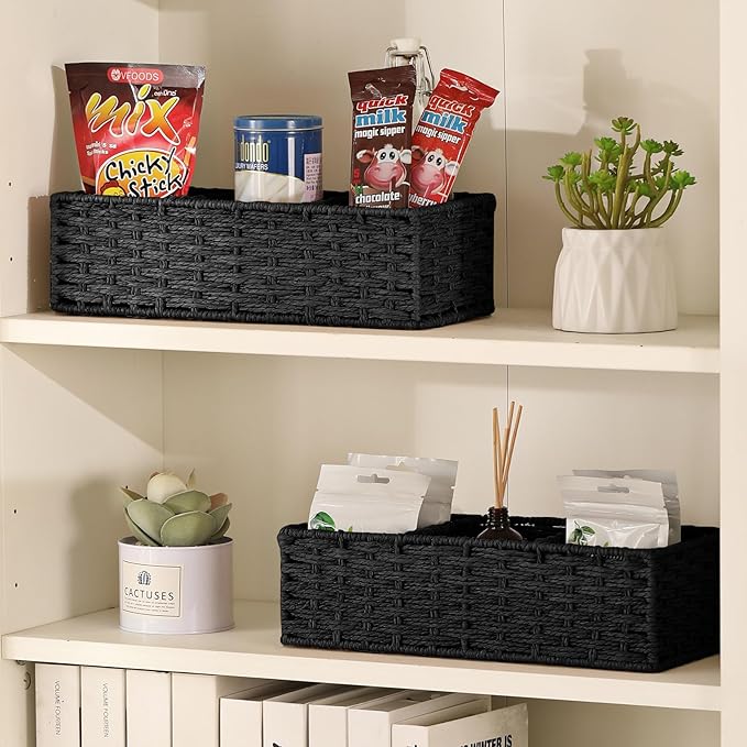 Vagusicc 3 Section Wicker Storage Basket, Hand-Woven Paper Rope Wicker Baskets for Organizing, Toilet Tank Basket, Black Baskets for Bathroom, 2-Pack, Black