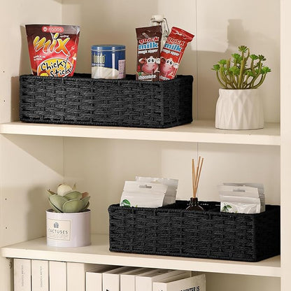 Vagusicc 3 Section Wicker Storage Basket, Hand-Woven Paper Rope Wicker Baskets for Organizing, Toilet Tank Basket, Black Baskets for Bathroom, 2-Pack, Black