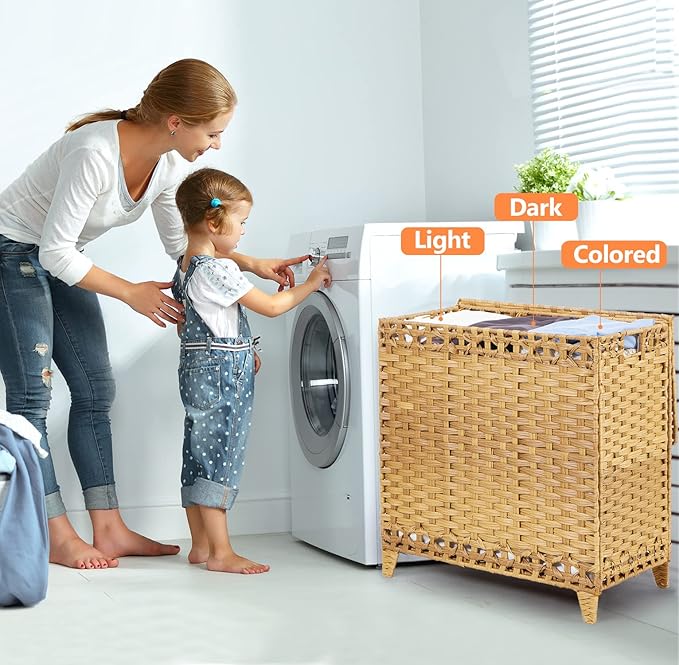 Laundry Hamper with 3 Removable Liner Bags; 132L Handwoven Rattan Laundry Basket with Lid & Heightened Feet; Clothes Hamper with Side Handles; Laundry Sorter with 3 Separate Sections