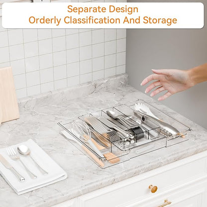 Yieach Clear Expandable Silverware Drawer Organizer,9.4-15.6In Adjustable Silverware Tray for Drawer,Acrylic Kitchen Utensil Drawer Organizer for Cutlery,Flatware Organizers and Fork and Spoon Holder