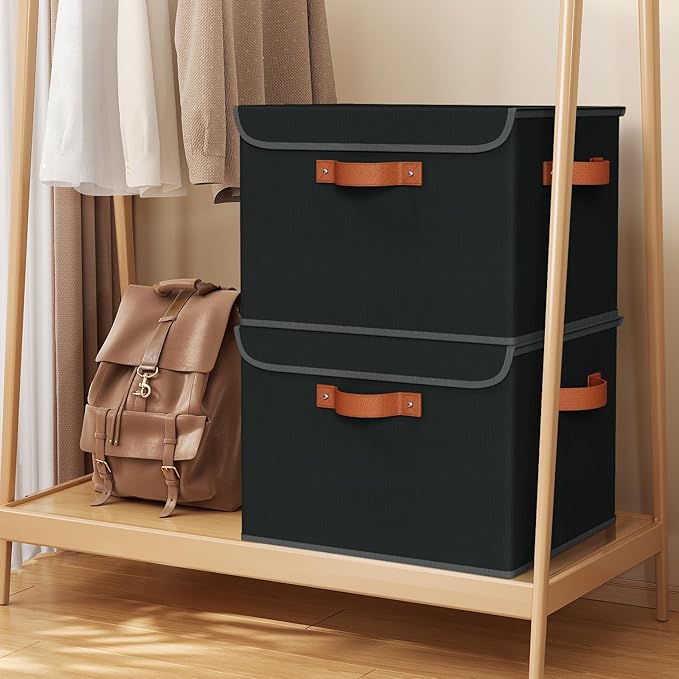 Univivi Heavy Duty Fabric Storage Bins with Lid, Large 17" 10 Gallon Stackable Storage Cube with Leather Handles, Decorative Storage Boxes with Lids for Bedroom, Closet, Nursery, Office, 3-Pack(Black)