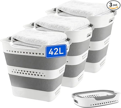 3 Pcs 42L Medium Collapsible Plastic Laundry Basket with Handles, Foldable Laundry Basket Hamper, Pop Up Storage Container Organizer for Washing Storage (Gery, 17 Inch * 13 Inch * 15 Inch)