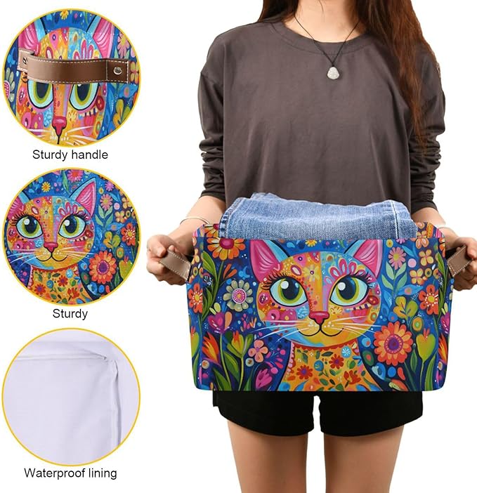 Large Storage Basket Colorful Cat Whimsical Style Storage Bin Cube Canvas Fabric Organizer Handles Collapsible for Clothes Toys Bedroom Decorative