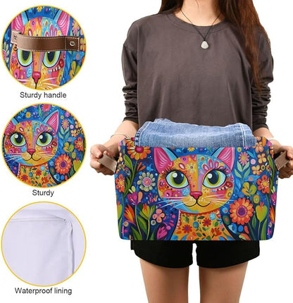 Large Storage Basket Colorful Cat Whimsical Style Storage Bin Cube Canvas Fabric Organizer Handles Collapsible for Clothes Toys Bedroom Decorative