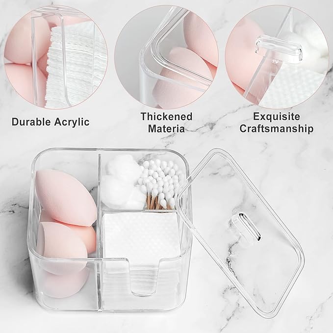 KIMCHOMERSE Qtip Holder, 4 Compartments Bathroom Canisters for Cotton Swab, Cotton Ball, Clear Acrylic Containers with Lid for Bathroom Vanity Countertop