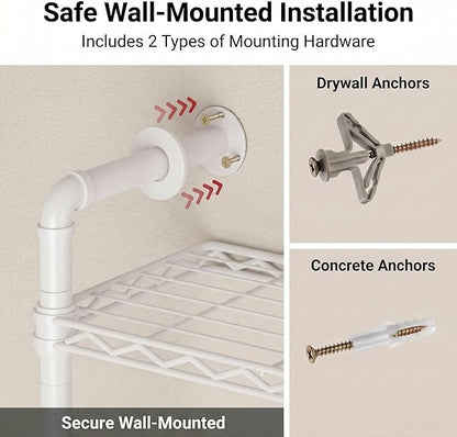 F3 Wall Mounted Closet System, Industrial Pipe Clothing Rack for Hanging Clothes, Heavy Duty Closet Organizer System, Clothes Racks with Shelves & Expandable Rod for Wardrobe, Corner, White