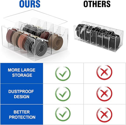 Large Acrylic Belt Organizer, Clear 10 Compartments Storage with Dust Cover, Display Holder